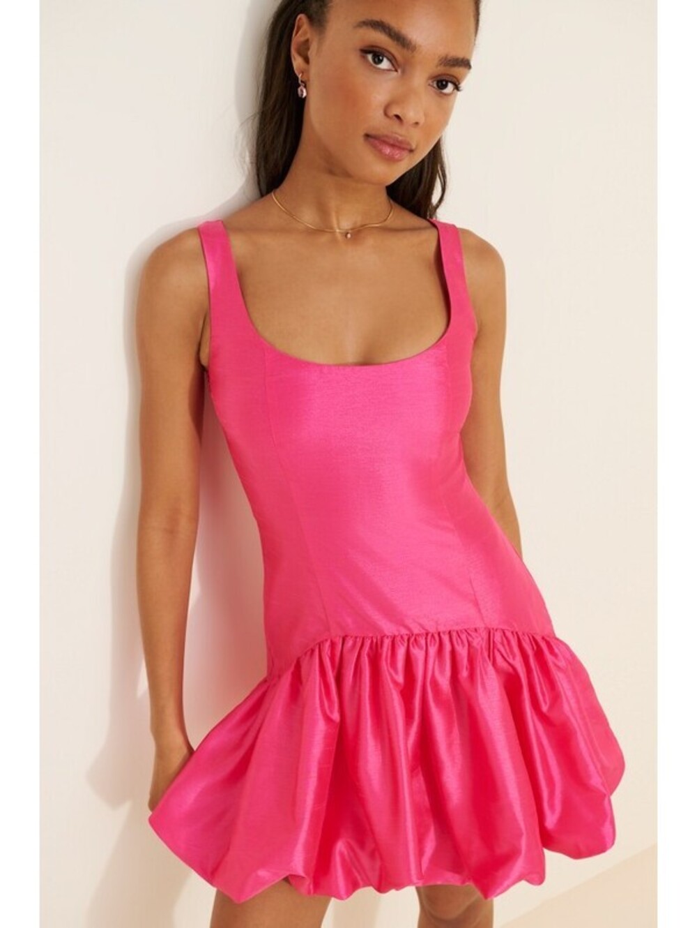 Anthropologie x Hutch - Pink Satin Bubble Mini Dress with Ruffled Hem, Size 0